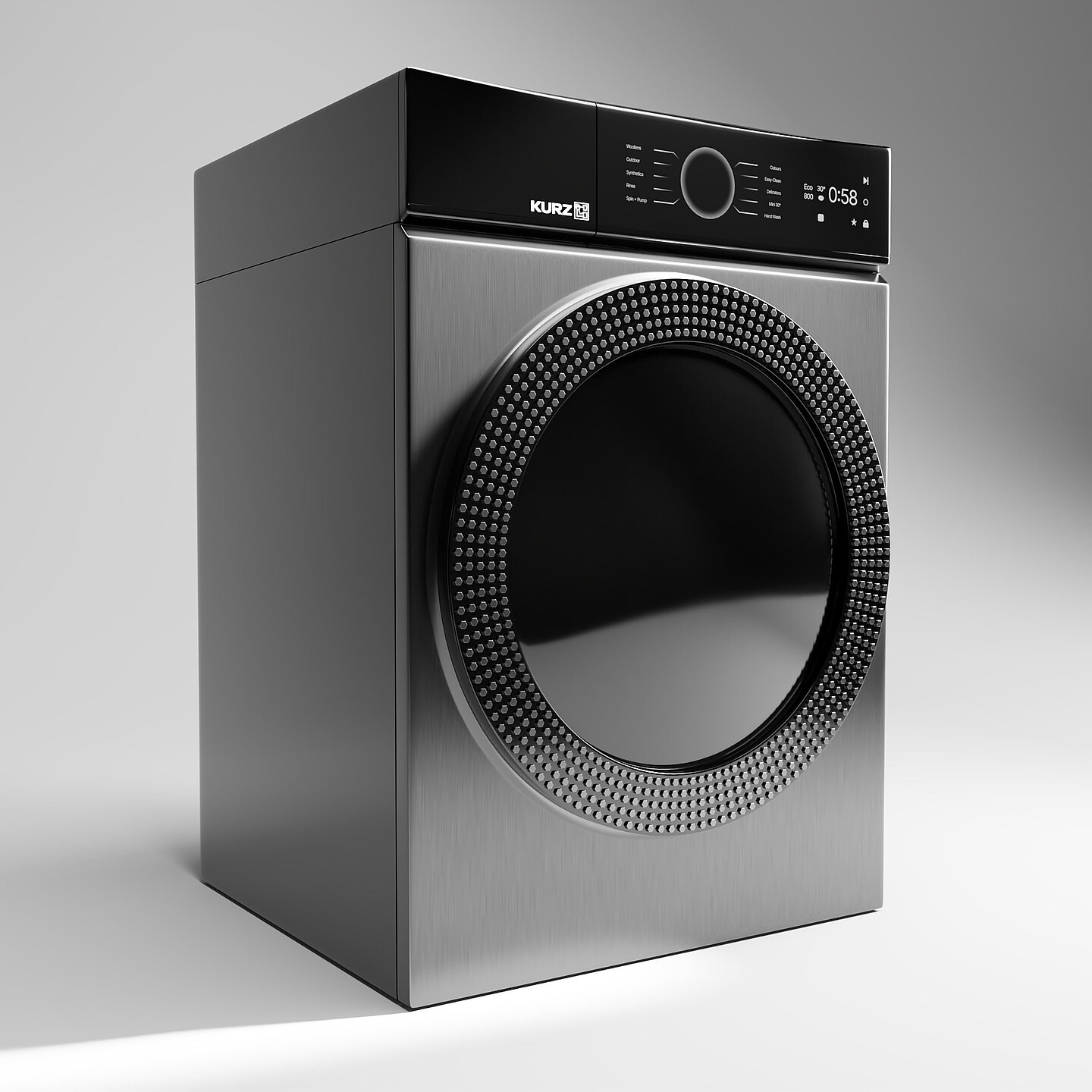 Waschmaschine mit metallisierter Tür und verchromtem Ring mit Struktur. Metallisierung auf Chrom- und Indiumbasis