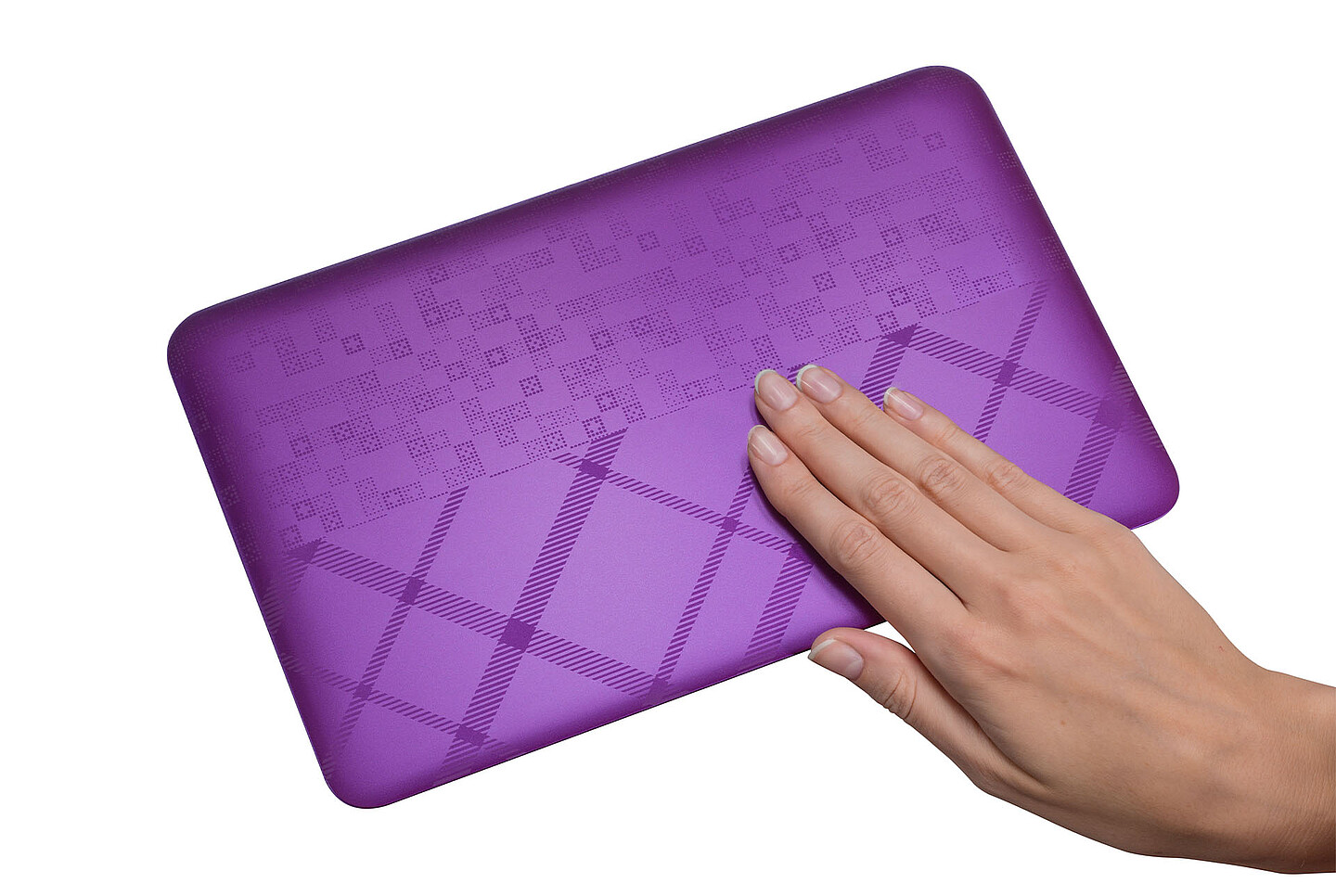 Lila Laptopdeckel mit Hand Haptik-Effekt durch IMR IMD