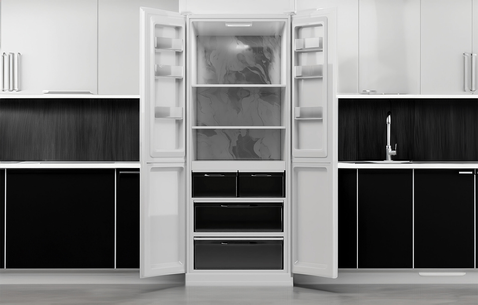 Leerer Kühlschrank mit vor Kälte rauchender Rückwand
