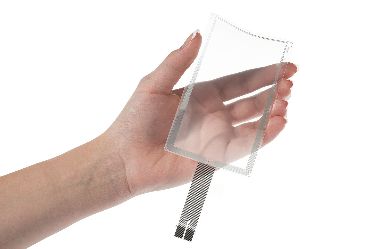 Hand hält hauchdünne Kunststoff mit PolyTC® Touch-Sensoren