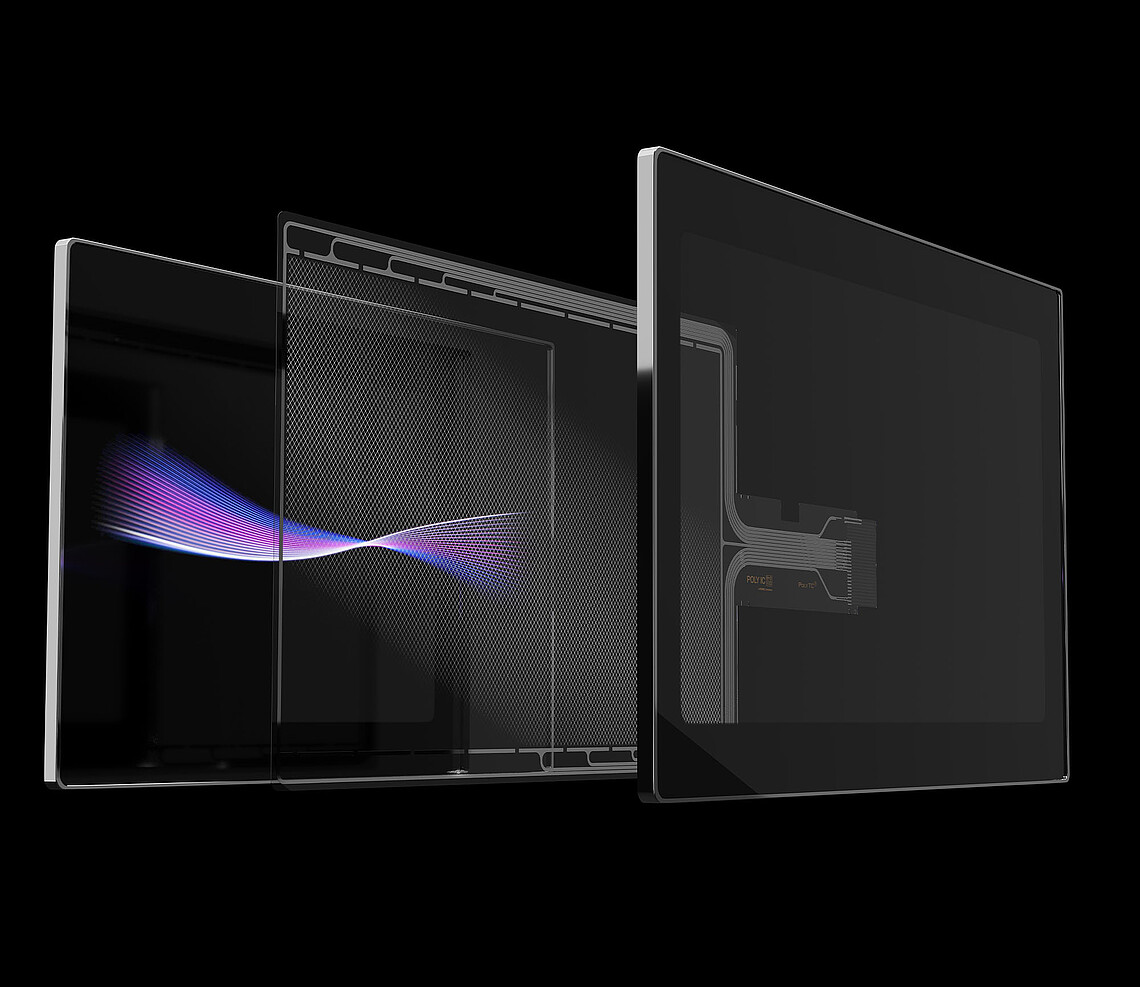 aufgefächertes Kunststoff-Display mit lilaner Welle auf dem Screen