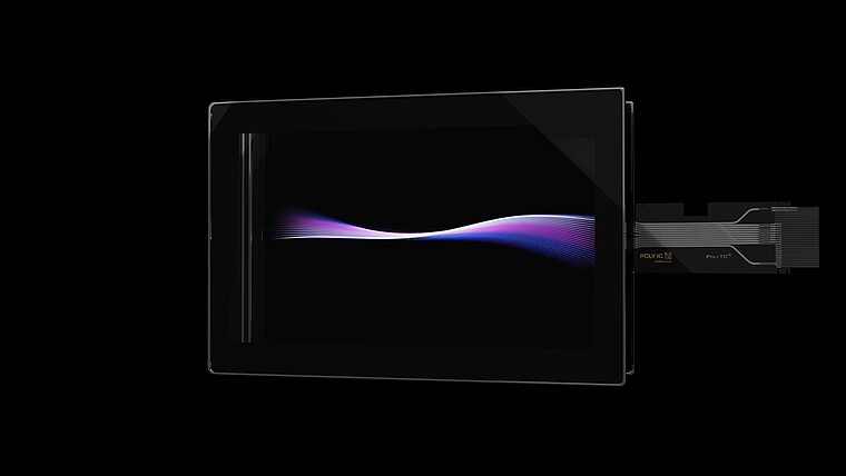 Display mit Sensortail und abstrakter lilaner Welle eingeblendet