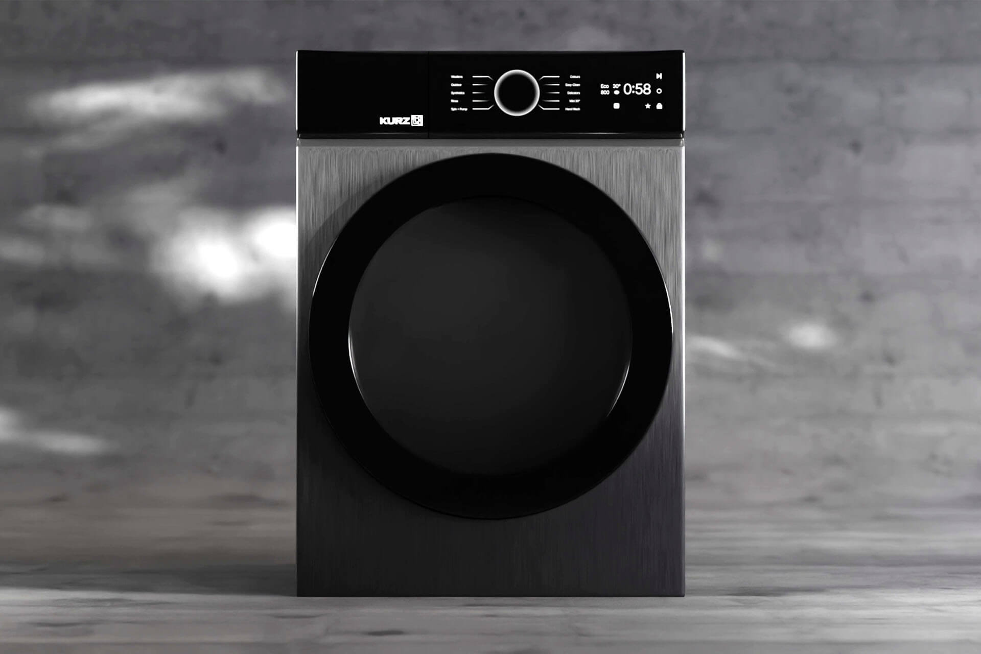 Waschmaschine mit schwarzem Ring, metallisierter Front und dunklem Display