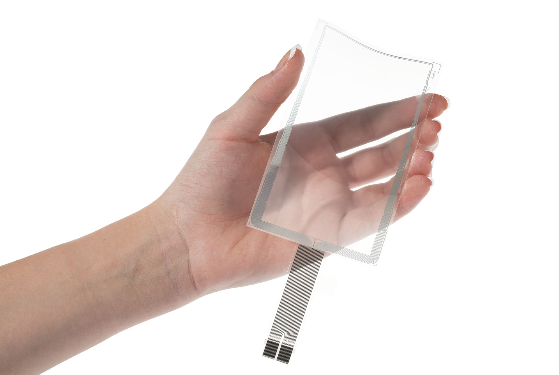 Hand hält hauchdünne Kunststoff mit PolyTC® Touch-Sensoren 